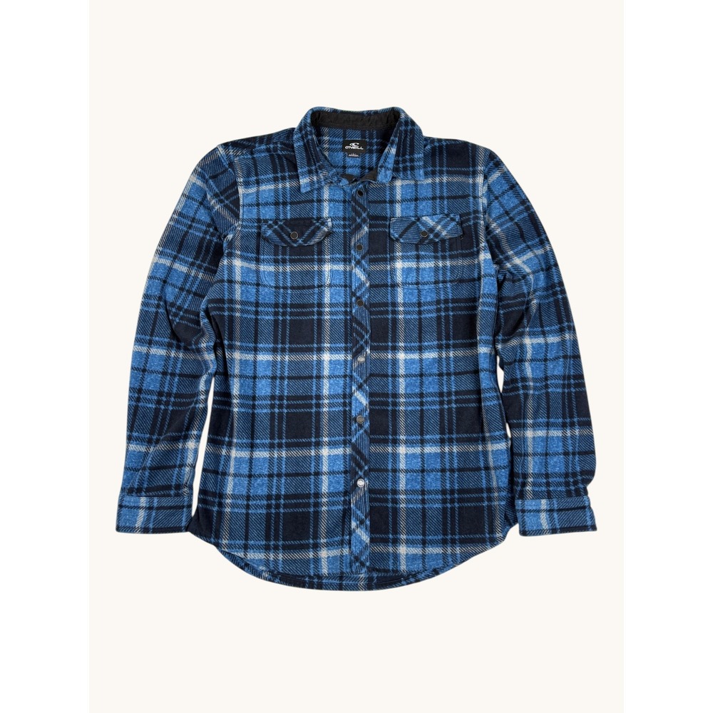 ONeill Mens Superfleece Plaid Shirt Jacket Blue Black Snap Front Large